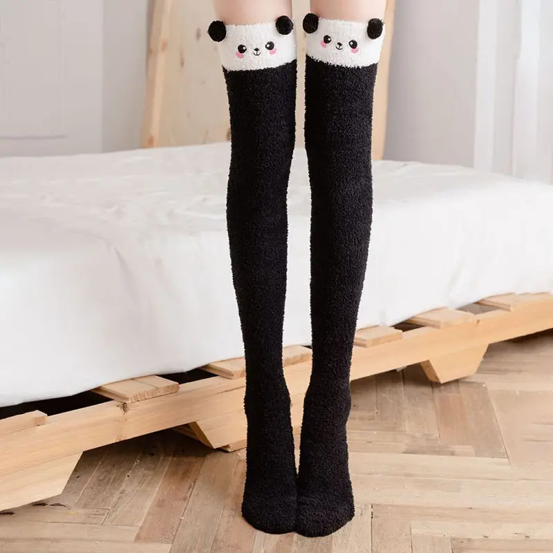 Cute Coral Fleece Stockings Women Cartoon Bear Panda Thigh High Over Knee Socks Autumn Winter Warm Plush Floor Socks