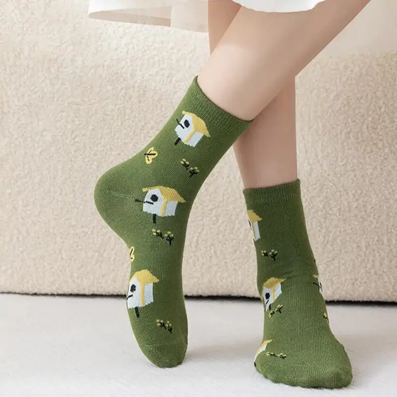 5 Pairs Floral Print Socks for Women Spring Autumn Cotton Breathable Middle Tube Socks Harajuku Girl Comfortable Footwear