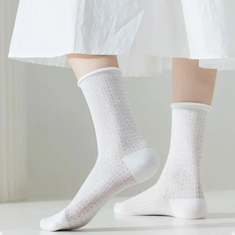 5 Pairs Solid Color Ruffle Socks for Women Summer Thin Mesh Breathable Middle Tube Socks Harajuku Girl Soft Cotton Pile Socks