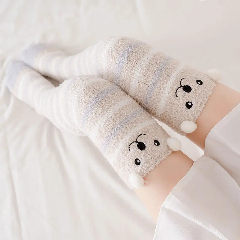 Cute Coral Fleece Stockings Women Cartoon Bear Panda Thigh High Over Knee Socks Autumn Winter Warm Plush Floor Socks