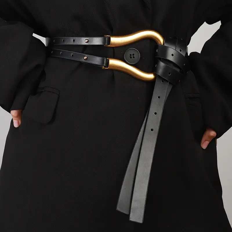 Fashion Metal Buckle Knotted Belts for Women Solid Color PU Leather Long Adjustable Waistband Lady Dress Coat Decorative Straps