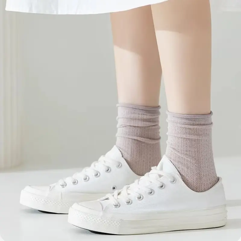 5 Pairs Solid Color Ruffle Socks for Women Summer Thin Mesh Breathable Middle Tube Socks Harajuku Girl Soft Cotton Pile Socks