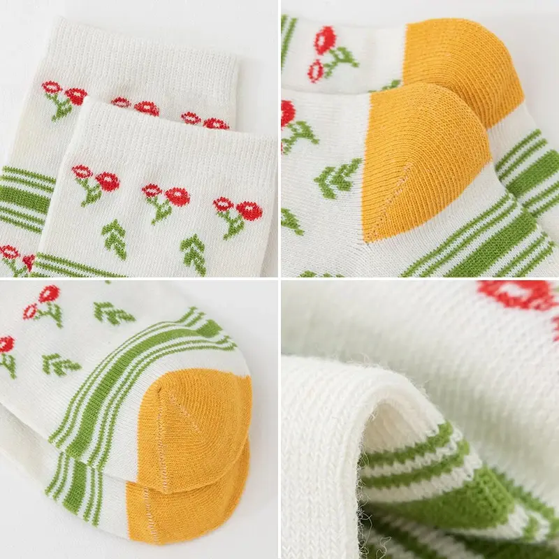 5 Pairs Floral Print Socks for Women Spring Autumn Cotton Breathable Middle Tube Socks Harajuku Girl Comfortable Footwear