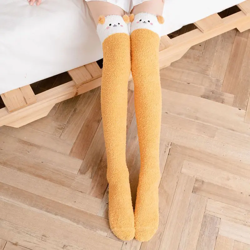 Cute Coral Fleece Stockings Women Cartoon Bear Panda Thigh High Over Knee Socks Autumn Winter Warm Plush Floor Socks