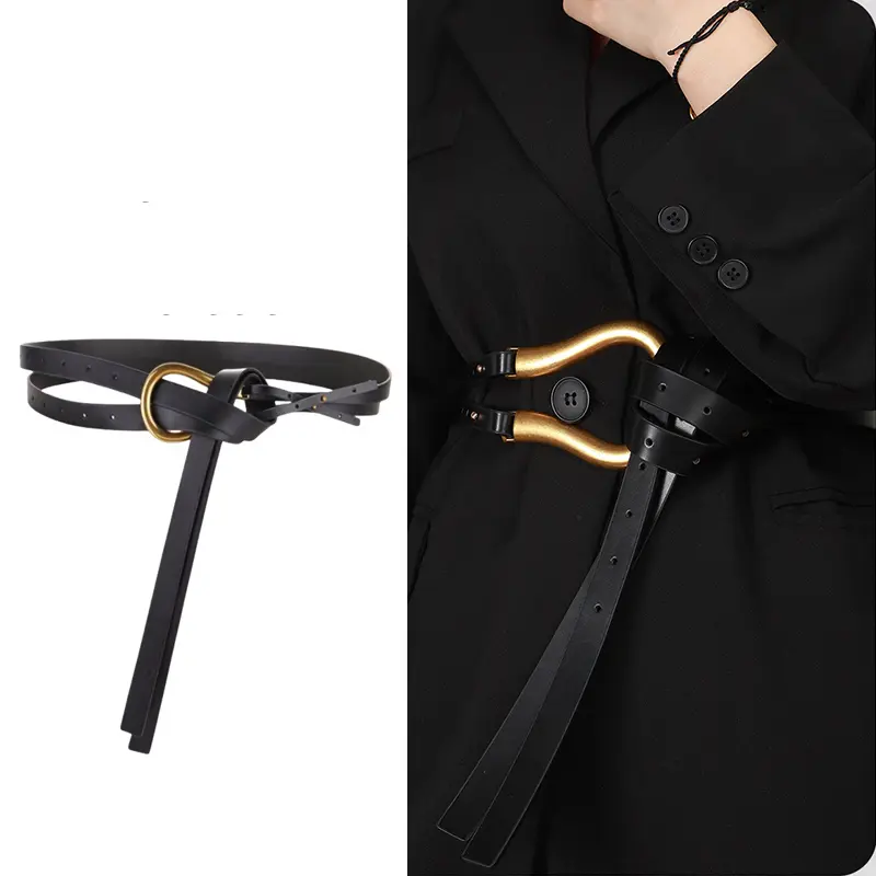 Fashion Metal Buckle Knotted Belts for Women Solid Color PU Leather Long Adjustable Waistband Lady Dress Coat Decorative Straps