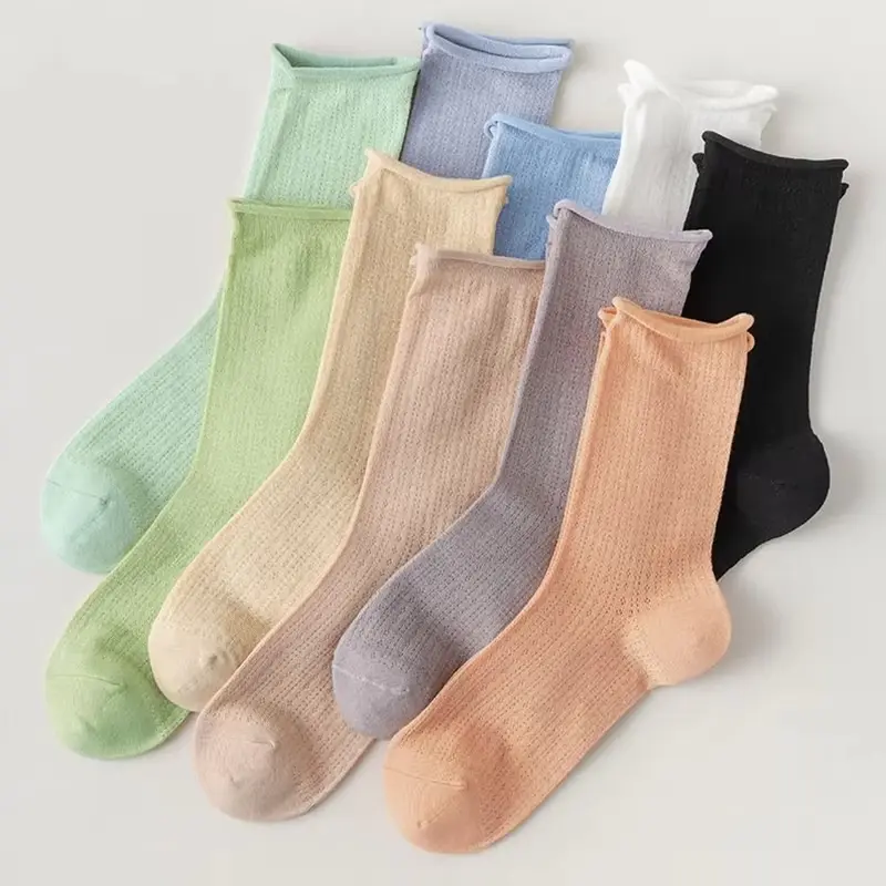 5 Pairs Solid Color Ruffle Socks for Women Summer Thin Mesh Breathable Middle Tube Socks Harajuku Girl Soft Cotton Pile Socks