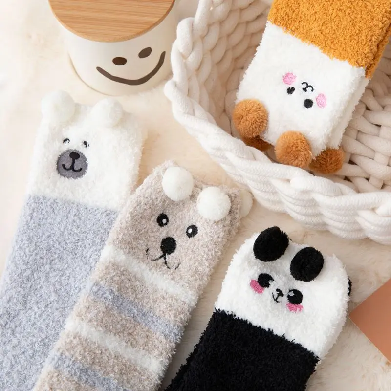 Cute Coral Fleece Stockings Women Cartoon Bear Panda Thigh High Over Knee Socks Autumn Winter Warm Plush Floor Socks