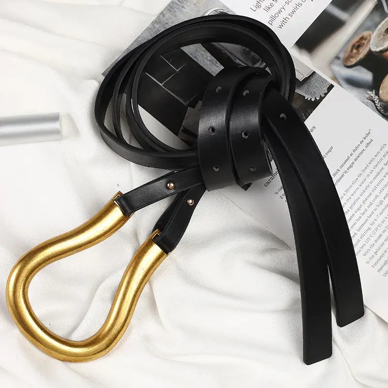 Fashion Metal Buckle Knotted Belts for Women Solid Color PU Leather Long Adjustable Waistband Lady Dress Coat Decorative Straps