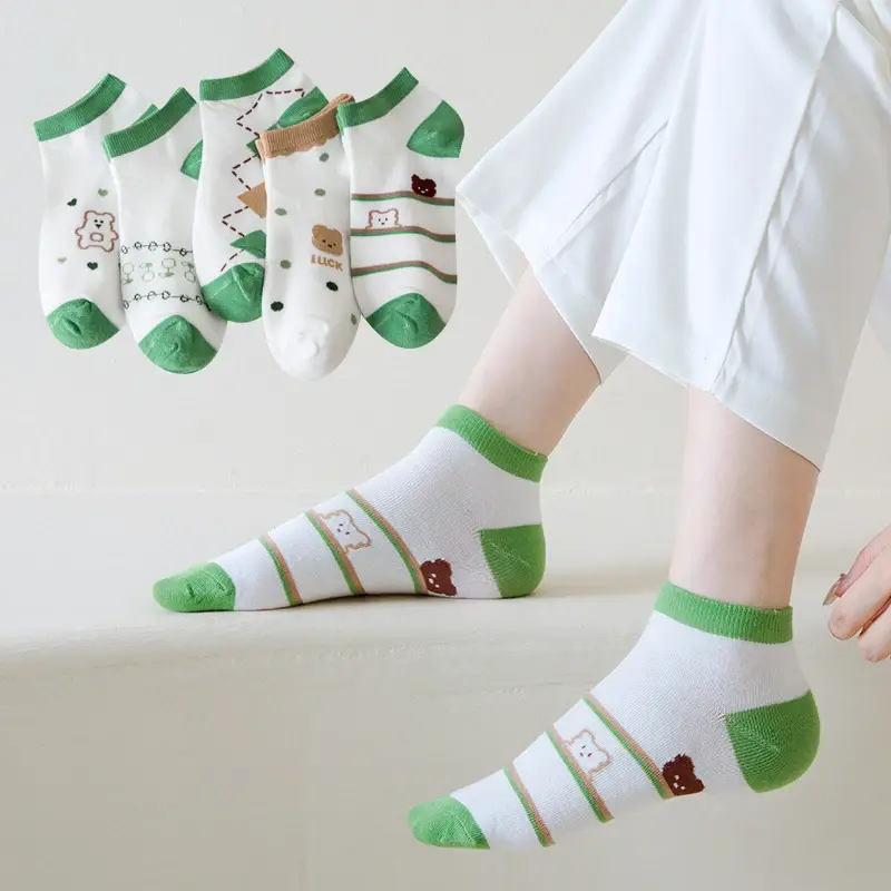5 Pairs Cute Green Thin Socks for Women Cartoon Spring Summer Breathable Ankle Socks Girl Soft Cotton Short Socks