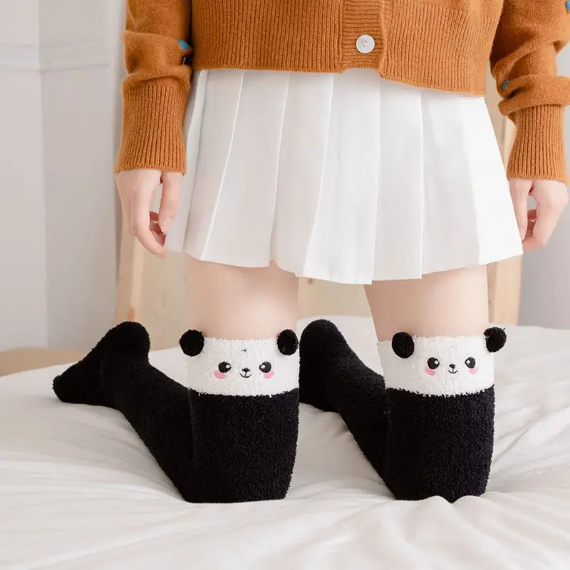 New Winter Women Warm Stockings Cute Cartoon Soft Coral Fleece Women Thigh High Socks Panda Cat Bear Over Knee Home Long Socks