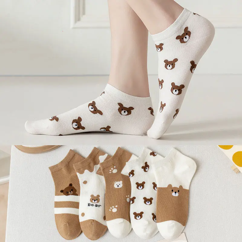 5Pairs/Set Cute Bear Socks for Women Spring Autumn Cotton Ankle Sock Cartoon Animal Print Female Short Socks