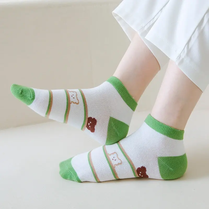 5 Pairs Cute Green Thin Socks for Women Cartoon Spring Summer Breathable Ankle Socks Girl Soft Cotton Short Socks