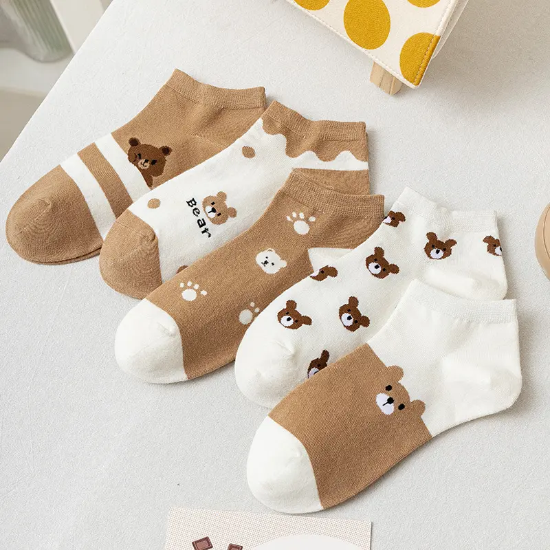 5Pairs/Set Cute Bear Socks for Women Spring Autumn Cotton Ankle Sock Cartoon Animal Print Female Short Socks
