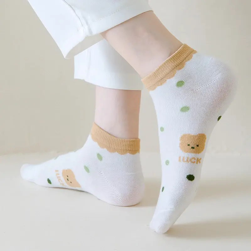5 Pairs Cute Green Thin Socks for Women Cartoon Spring Summer Breathable Ankle Socks Girl Soft Cotton Short Socks