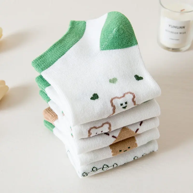 5 Pairs Cute Green Thin Socks for Women Cartoon Spring Summer Breathable Ankle Socks Girl Soft Cotton Short Socks
