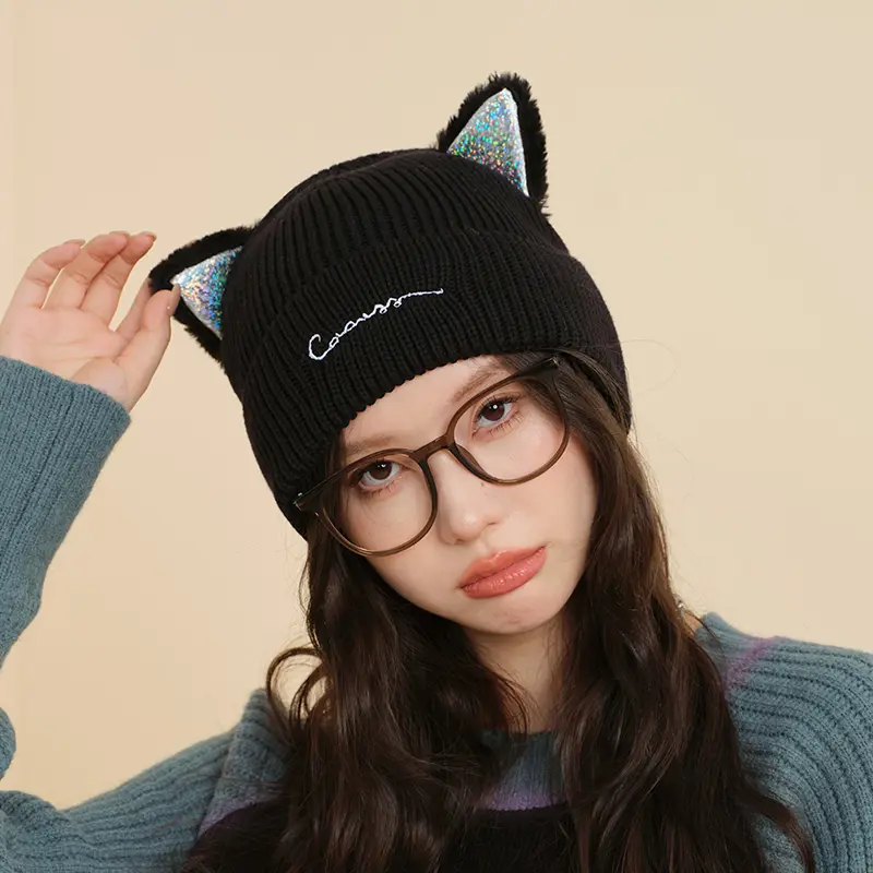 Cute Cat Ears Knitted Beanies Caps for Women Winter Thicken Crochet Woolen Warm Pullover Hats Lady Girl Windproof Bonnet