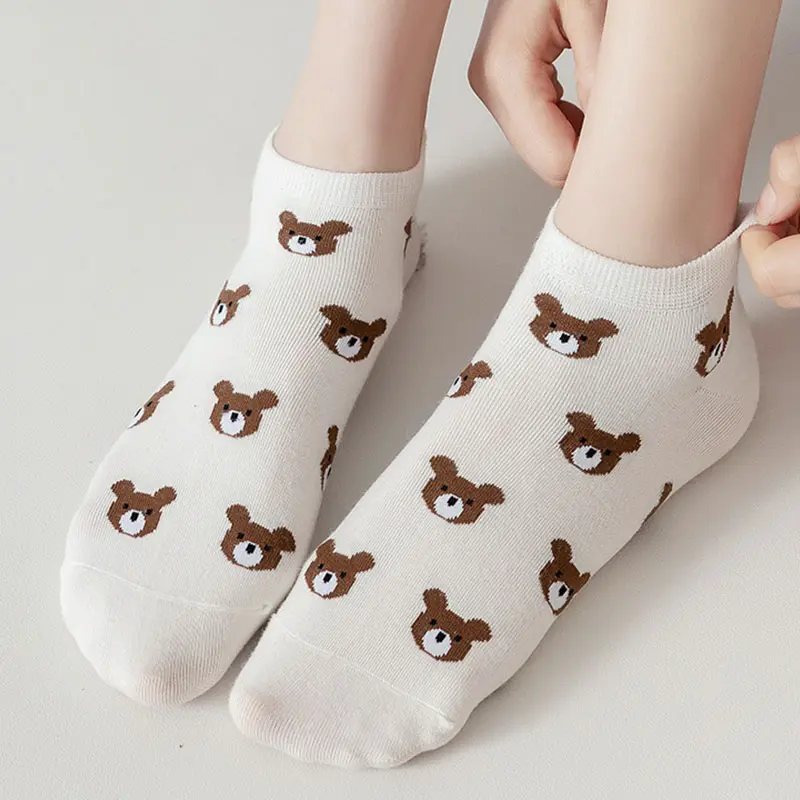 5Pairs/Set Cute Bear Socks for Women Spring Autumn Cotton Ankle Sock Cartoon Animal Print Female Short Socks