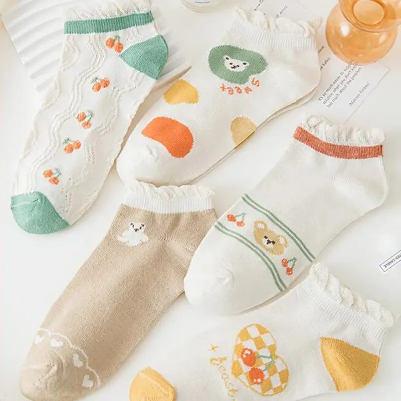 5 Pairs Spring Summer Women Thin Socks Cute Flower Print Breathable Short Socks Floral Cotton Girl Socks Sokken