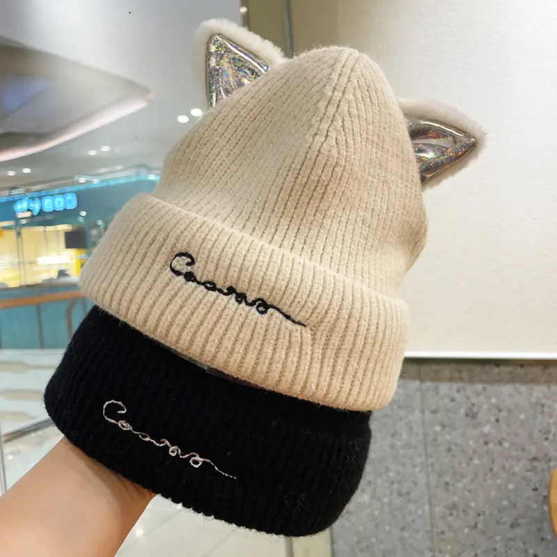 Cute Cat Ears Knitted Beanies Caps for Women Winter Thicken Crochet Woolen Warm Pullover Hats Lady Girl Windproof Bonnet