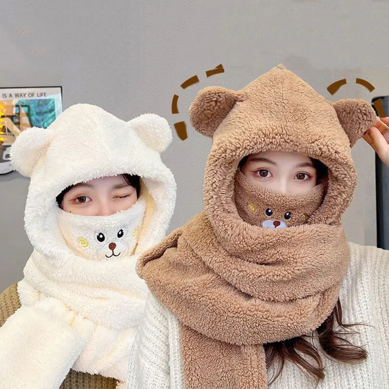 Cute Bear Plush Hat Scarf Gloves for Women Winter Warm Lamb Fleece Ear Protection Cap Female Outdoor Ski Cycling Hats