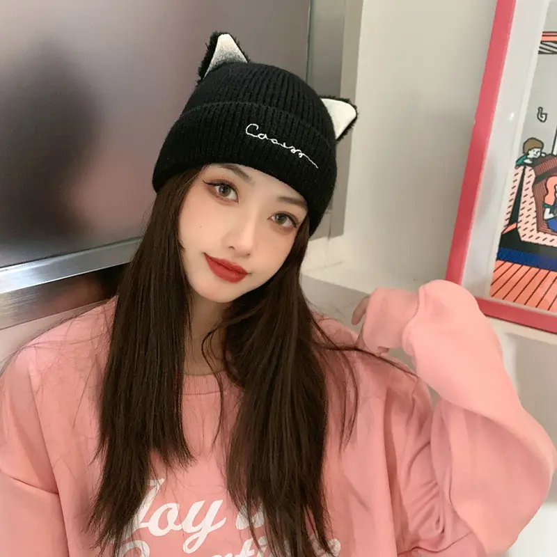Cute Cat Ears Knitted Beanies Caps for Women Winter Thicken Crochet Woolen Warm Pullover Hats Lady Girl Windproof Bonnet