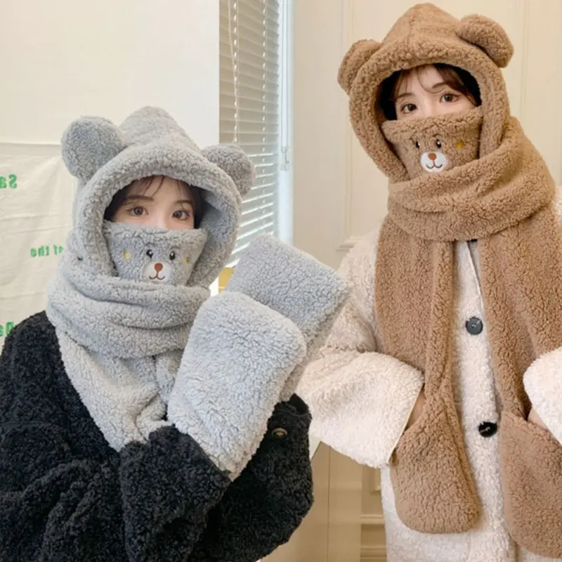 Cute Bear Plush Hat Scarf Gloves for Women Winter Warm Lamb Fleece Ear Protection Cap Female Outdoor Ski Cycling Hats