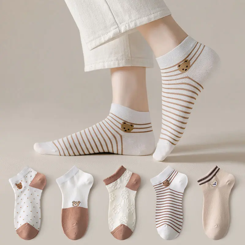 5 Pairs Cartoon Bear Stripe Socks for Women Spring Summer Cotton Breathable Ankle Socks Fashion Patchwork Girl Short Socks