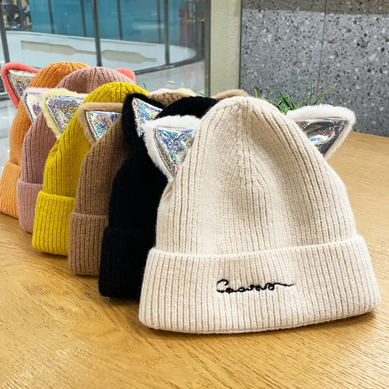 Cute Cat Ears Knitted Beanies Caps for Women Winter Thicken Crochet Woolen Warm Pullover Hats Lady Girl Windproof Bonnet