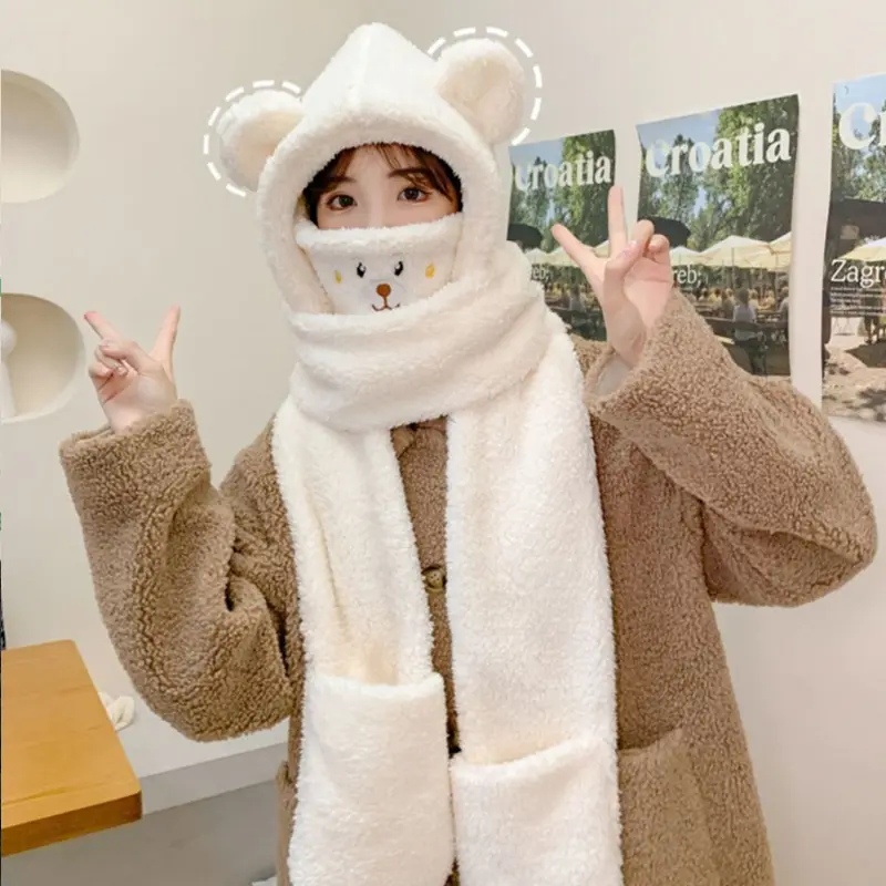 Cute Bear Plush Hat Scarf Gloves for Women Winter Warm Lamb Fleece Ear Protection Cap Female Outdoor Ski Cycling Hats