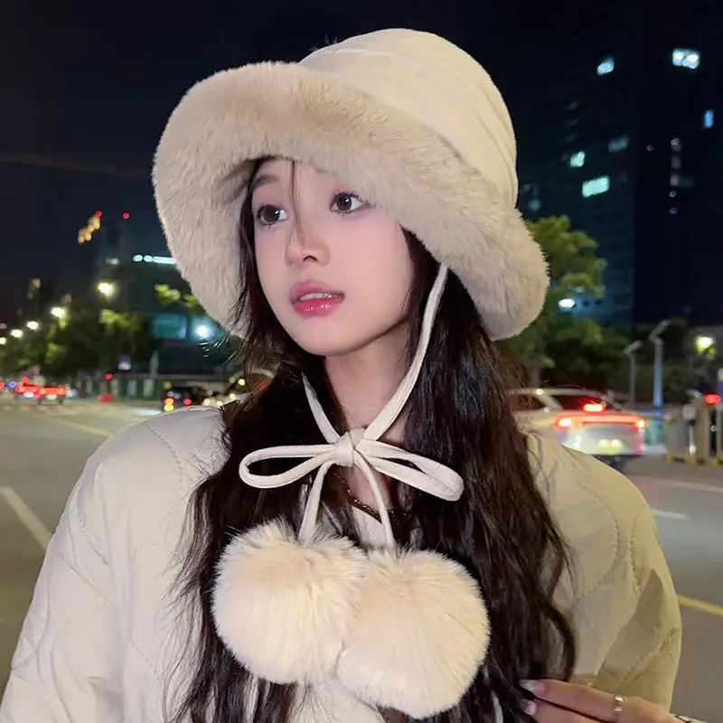 Cute Pompom Fisherman Caps for Women Winter Suede Fleece Windproof Warm Headgear Bonnet Thin Plush Anti-Cold Ear Protection Hats