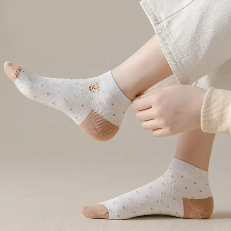 5 Pairs Cartoon Bear Stripe Socks for Women Spring Summer Cotton Breathable Ankle Socks Fashion Patchwork Girl Short Socks