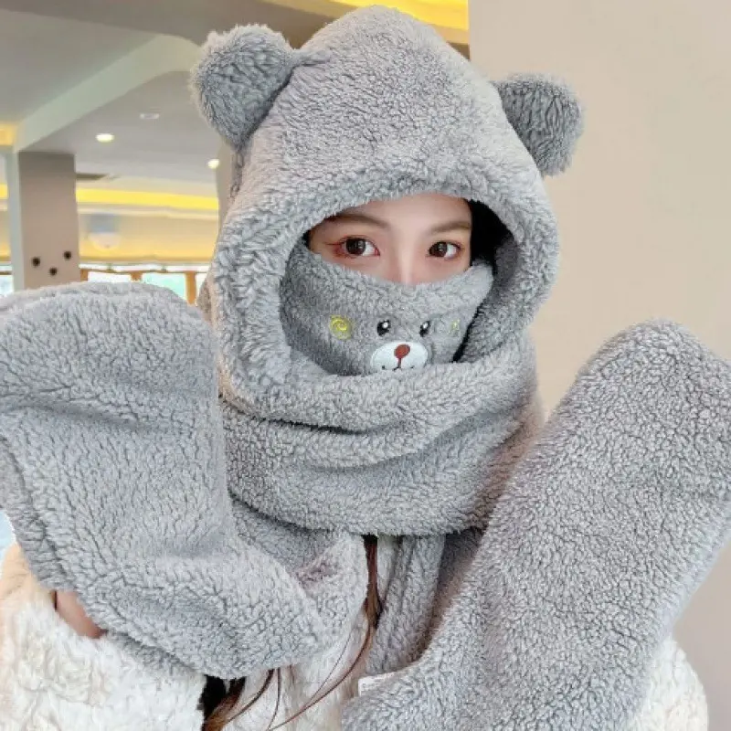 Cute Bear Plush Hat Scarf Gloves for Women Winter Warm Lamb Fleece Ear Protection Cap Female Outdoor Ski Cycling Hats