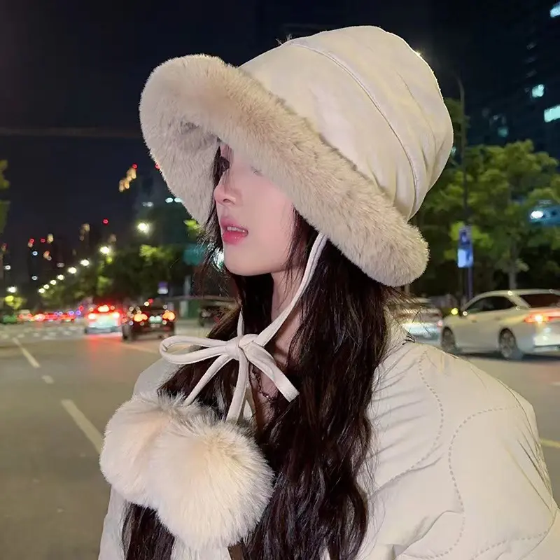 Cute Pompom Fisherman Caps for Women Winter Suede Fleece Windproof Warm Headgear Bonnet Thin Plush Anti-Cold Ear Protection Hats