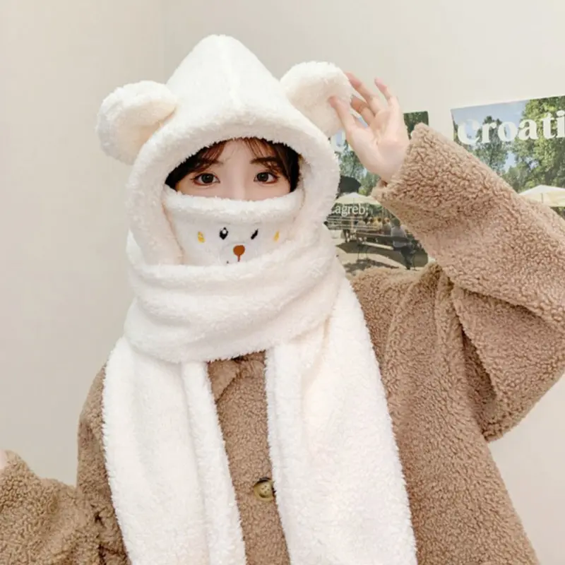 Cute Bear Plush Hat Scarf Gloves for Women Winter Warm Lamb Fleece Ear Protection Cap Female Outdoor Ski Cycling Hats