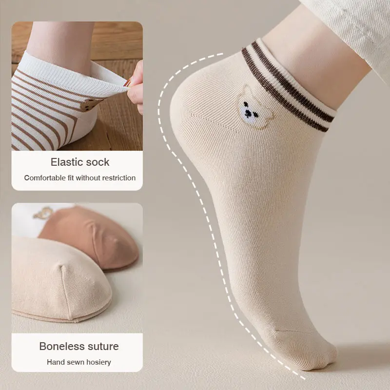 5 Pairs Cartoon Bear Stripe Socks for Women Spring Summer Cotton Breathable Ankle Socks Fashion Patchwork Girl Short Socks