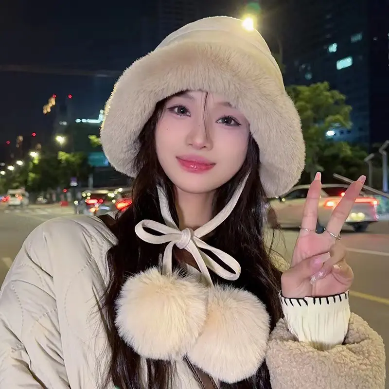 Cute Pompom Fisherman Caps for Women Winter Suede Fleece Windproof Warm Headgear Bonnet Thin Plush Anti-Cold Ear Protection Hats