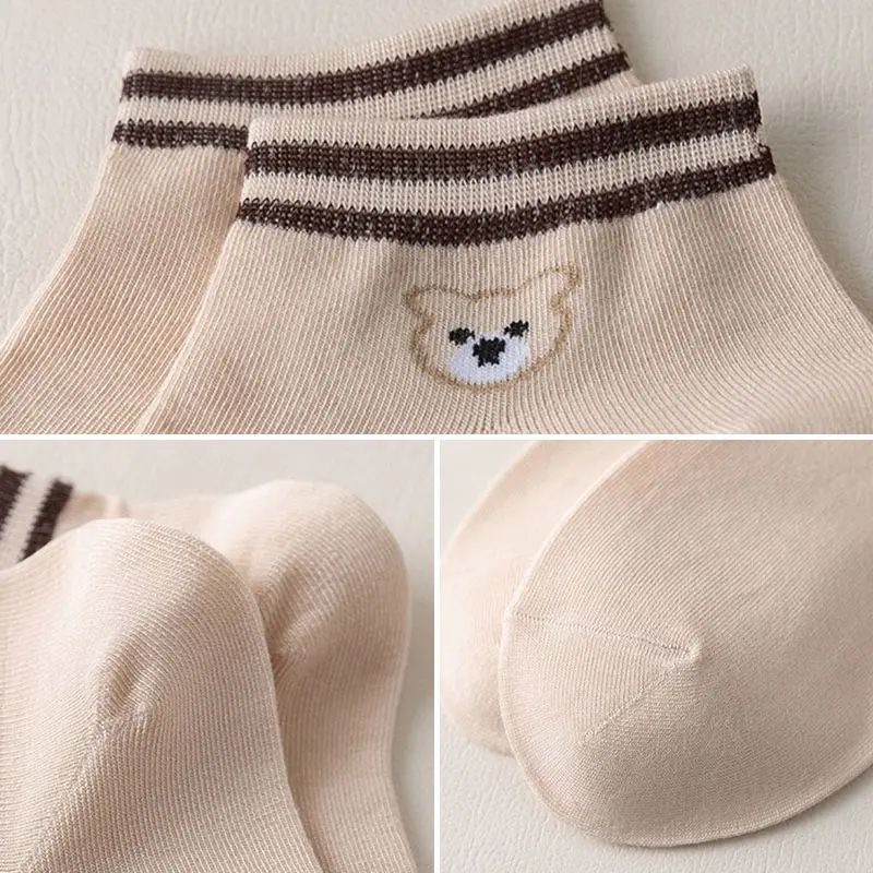 5 Pairs Cartoon Bear Stripe Socks for Women Spring Summer Cotton Breathable Ankle Socks Fashion Patchwork Girl Short Socks