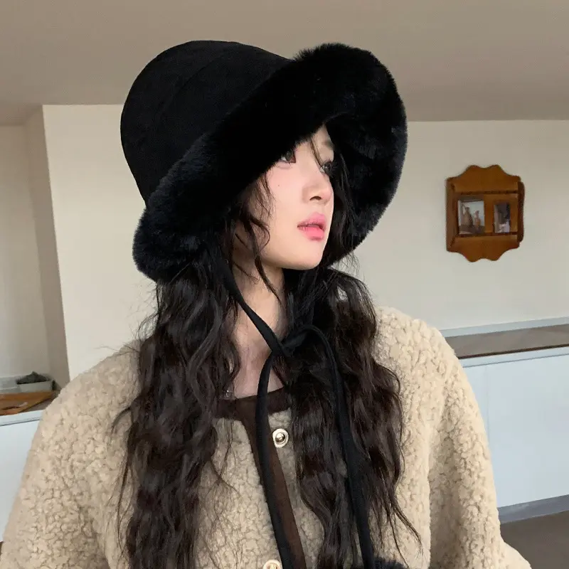Cute Pompom Fisherman Caps for Women Winter Suede Fleece Windproof Warm Headgear Bonnet Thin Plush Anti-Cold Ear Protection Hats