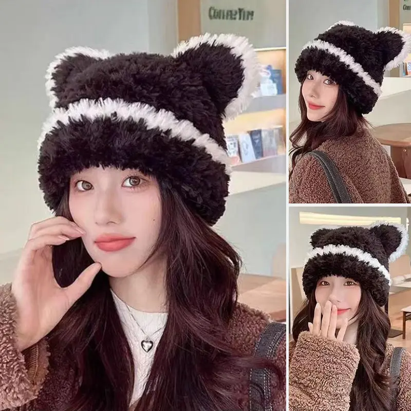 Cute Ears Women Beanies Caps Winter Thick Fluffy Fur Knitted Warm Pullover Hats Outdoor Girl Windproof Ear Protection Hats
