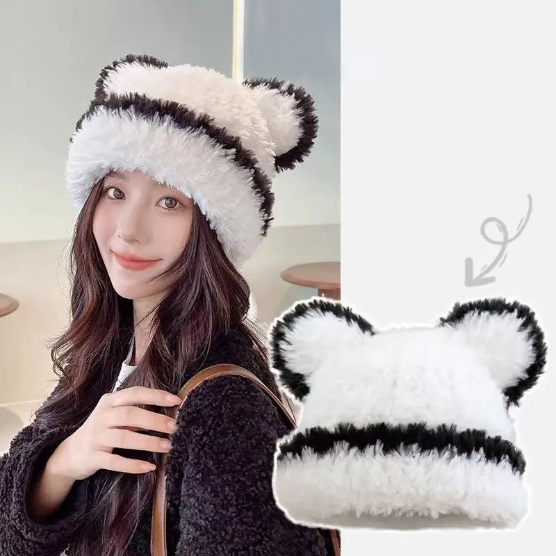 Cute Ears Women Beanies Caps Winter Thick Fluffy Fur Knitted Warm Pullover Hats Outdoor Girl Windproof Ear Protection Hats
