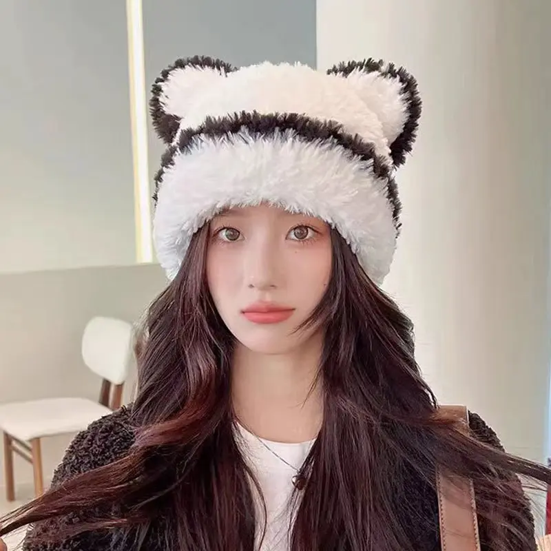 Cute Ears Women Beanies Caps Winter Thick Fluffy Fur Knitted Warm Pullover Hats Outdoor Girl Windproof Ear Protection Hats