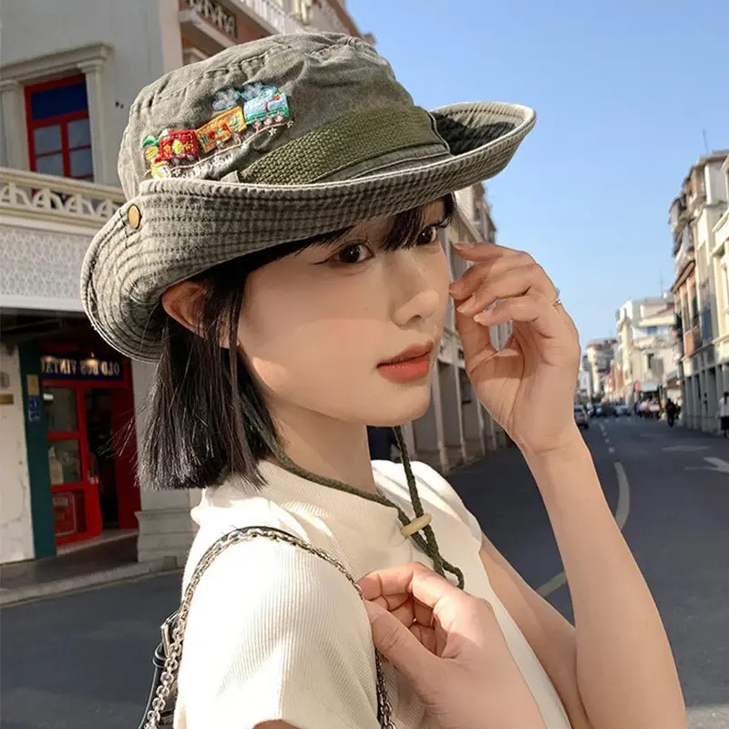 Retro Washed Cotton Fisherman Caps for Women Outdoor Hiking Mountaineering Sun Hats Wide Brim Sunshade Western Cowboy Caps