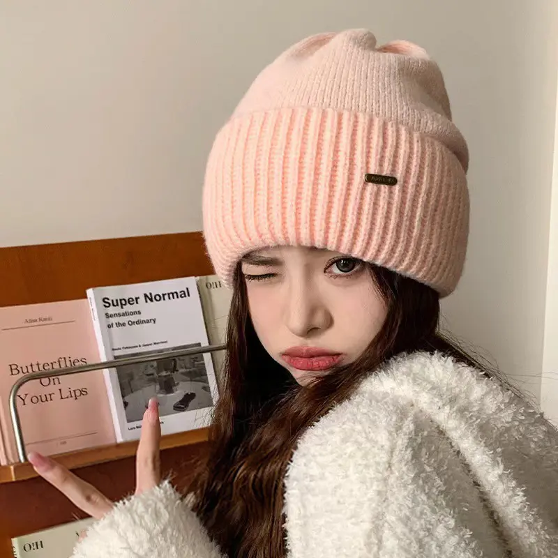 Solid Color Knitted Beanies Caps for Women Winter Thicken Warm Crochet Woolen Ear Protection Hats Outdoor Windproof Pullover Hat