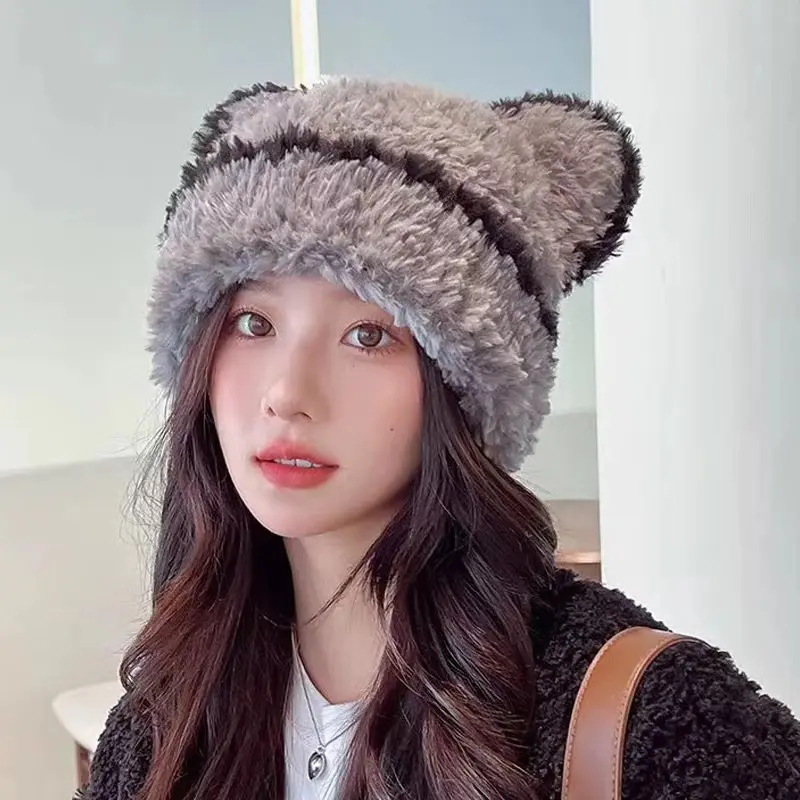 Cute Ears Women Beanies Caps Winter Thick Fluffy Fur Knitted Warm Pullover Hats Outdoor Girl Windproof Ear Protection Hats