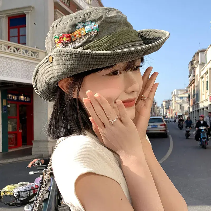 Retro Washed Cotton Fisherman Caps for Women Outdoor Hiking Mountaineering Sun Hats Wide Brim Sunshade Western Cowboy Caps
