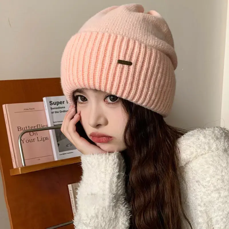 Solid Color Knitted Beanies Caps for Women Winter Thicken Warm Crochet Woolen Ear Protection Hats Outdoor Windproof Pullover Hat