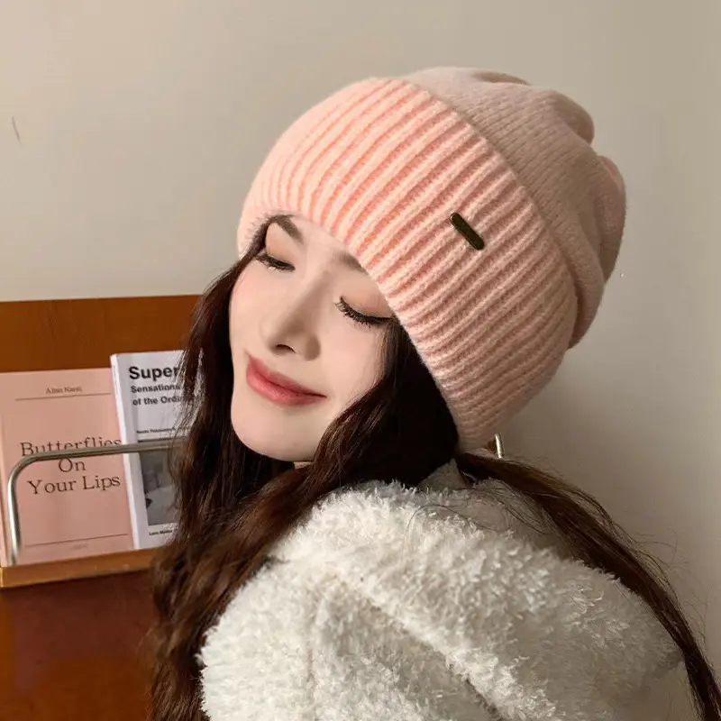 Solid Color Knitted Beanies Caps for Women Winter Thicken Warm Crochet Woolen Ear Protection Hats Outdoor Windproof Pullover Hat