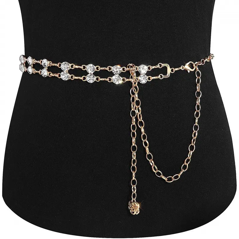 Double Layers Shiny Rhinestone Waist Chain for Women Long Pendant Metal Chain Belts Lady Dress Shirt Decorative Straps Waistband