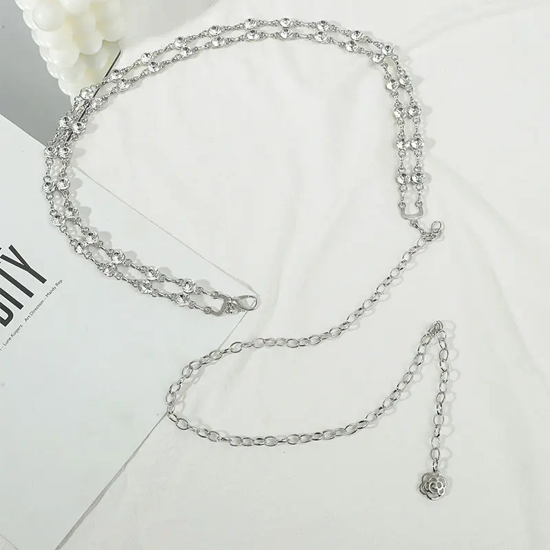 Double Layers Shiny Rhinestone Waist Chain for Women Long Pendant Metal Chain Belts Lady Dress Shirt Decorative Straps Waistband