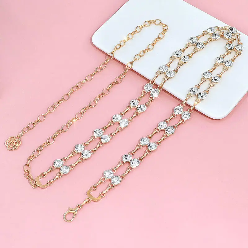 Double Layers Shiny Rhinestone Waist Chain for Women Long Pendant Metal Chain Belts Lady Dress Shirt Decorative Straps Waistband